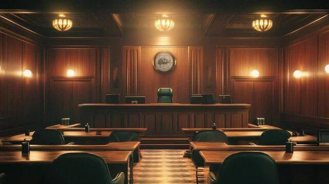 Classic Courthouse Interior with Judge's Bench and Witness Stands in Warm Tones