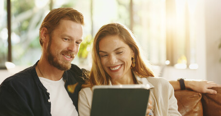 Movie, smile or couple on tablet in lounge for series choice, online subscription and streaming...