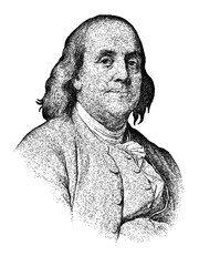 Portrait of American Founding Father Benjamin Franklin in vintage stipple engraving style isolated on transparent background