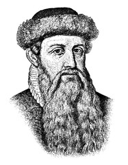 Portrait of printing press inventor Johannes Gutenberg in vintage stipple engraving style isolated on transparent background © HTGanzo