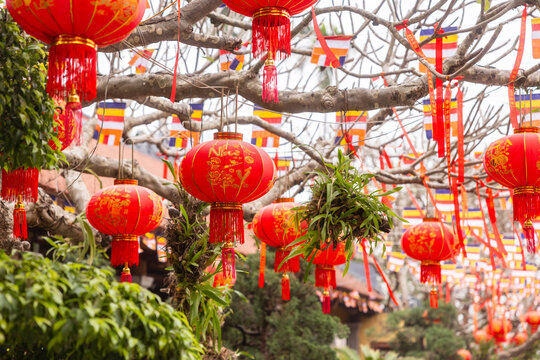 Vibrant red lanterns during Vietnamese celebration