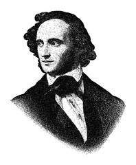 Portrait of German composer Felix Mendelssohn in vintage stipple engraving style isolated on transparent background