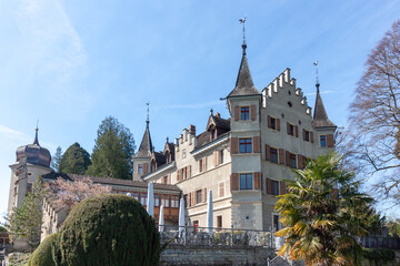 A picturesque view of Seeburg Castle in Kreuzlingen, Switzerland, standing majestically on the...
