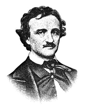 Portrait of American writer Edgar Allan Poe in vintage stipple engraving style isolated on transparent background