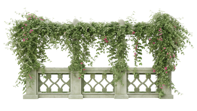 3D Ivy Covered Stone Balustrade Render with Pink Flowers