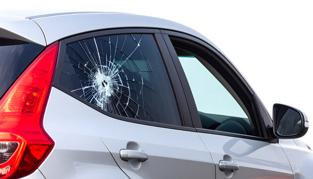 Close up of the side view of a car window that was shattered after being hit, isolated on white background