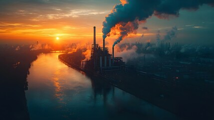 Towering industrial plant emitting smoke at sunset over a serene river