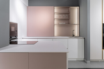 stylish modern built-in kitchen with upper and lower cabinets, drawers, shelves. kitchen facades...