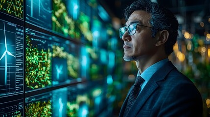 A CEO presenting a renewable energy plan in a high tech boardroom surrounded by data on sustainability