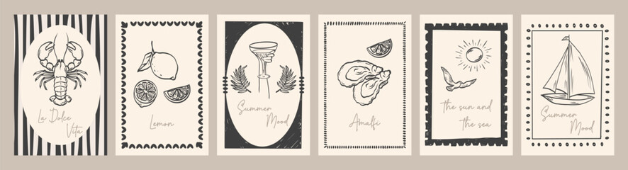 Hand draw summer vacation vintage posters. Vector illustrations in ink line doodle sketch. Italian Amalfi vibe. Chalk charcoal style drawing for poster, placard or print.