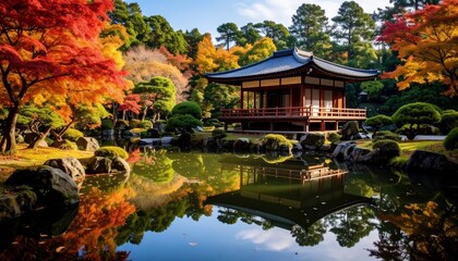 Fototapeta premium Autumnal Serenity: Japanese Garden Pavilion Reflection