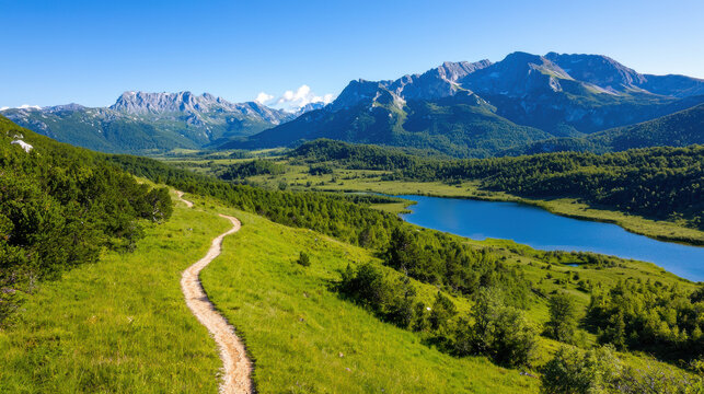 Winding dirt path leads through lush green grass toward serene blue lake, surrounded by dense forest and dramatic mountain range under clear blue sky