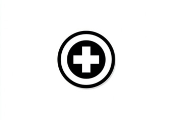 Fototapeta premium Black circle with bold white plus sign in center, minimal style, clean medical symbol, isolated on white background, modern and simple design