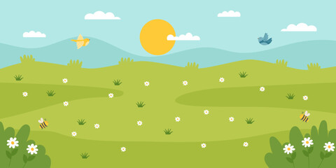 Fototapeta premium Landscape nature background. Green meadow, sky and sun. Spring, summer and gardening concepts. Vector hand drawn banner.