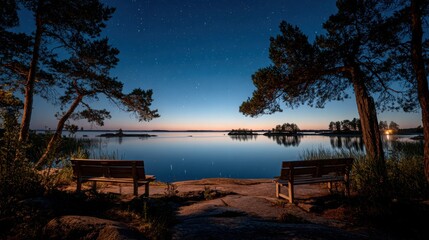 Serene Evening by Tranquil Lake: Twilight Reflections and Peaceful Nature Retreat