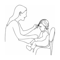 Mother combing her baby's hair simple black and white line art illustration
