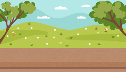 Gardening nature banner. Green meadow, trees and wooden table in the foreground. Spring, summer and gardening concepts. Vector hand drawn background.