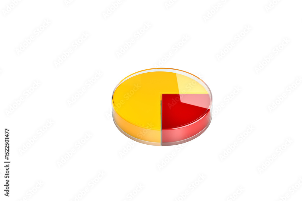 Poster a 3d pie chart divided into two sections, yellow and red, representing data visualization. backgroun