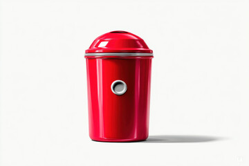 Red trash bin with closed lid, metallic accent, and modern design on white background, suitable for home or office waste disposal, clean and minimalistic style