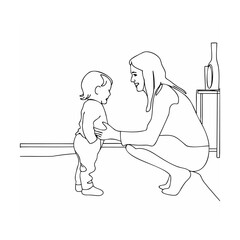 Adorable moment of a mother encouraging her baby to take first steps in line art.