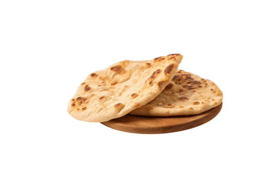 Two golden-brown flatbreads, freshly baked and stacked on a wooden board. background removed