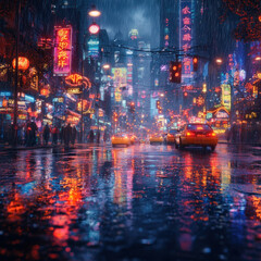 Fototapeta premium Rain falls on bustling city street.