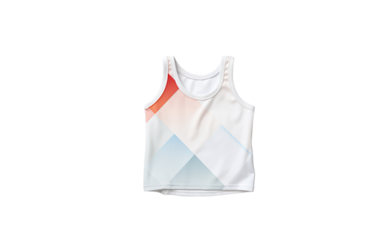 White sleeveless shirt with geometric abstract design of pastel colors. background removed