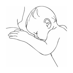Simple line art of a baby nestled near a mother showing tenderness and care.