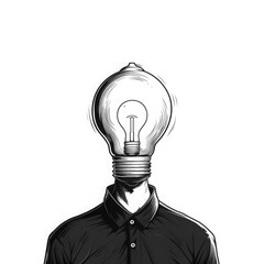 Simple black and white sketch of a man with a light bulb instead of a head. Concept of idea, startup, thinking, innovation