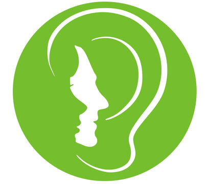 logo per centro per l'udito orechio e facce stilizzate dentro orecchio, il tutto dentro cerchio