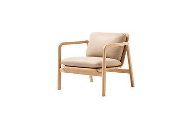A modern wooden armchair with light beige cushions, simple design, comfortable and stylish. background removed