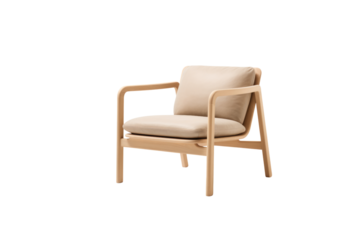 A modern wooden armchair with light beige cushions, simple design, comfortable and stylish. background removed