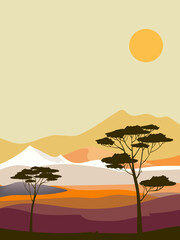 Landscape scene with mountain peaks, hill, lake vector illustration background.