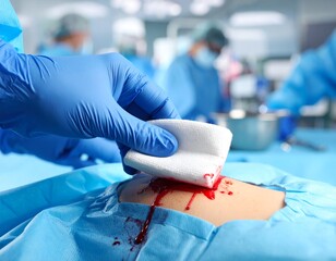 surgeon's gloved hand gently pressing gauze