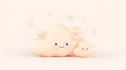 Cute Smiling Cloud and Smaller Clouds with Stars in Soft Pastel Colors for Children's Decor or Cute Illustration