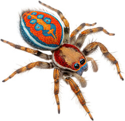 Iridescent Peacock spider showcasing dynamic courtship pose, sharp geometry, precise modeling. 