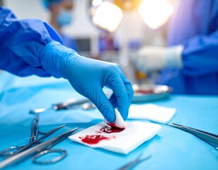 surgeon's gloved hand gently pressing gauze
