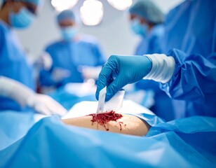 surgeon's gloved hand gently pressing gauze