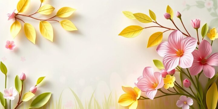Spring banner with delicate paper cut leaves and flowers on an Easter-themed background, ample copy space, template, pastel