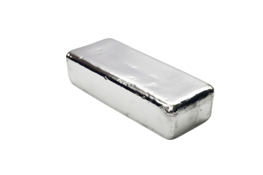 A shiny silver bar, rectangular in shape, isolated against a transparent background. background removed