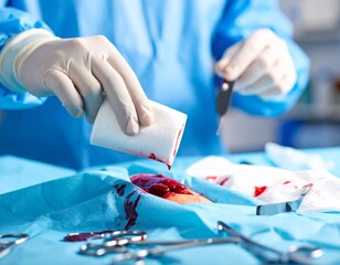 surgeon's gloved hand gently pressing gauze