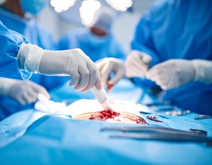 surgeon's gloved hand gently pressing gauze