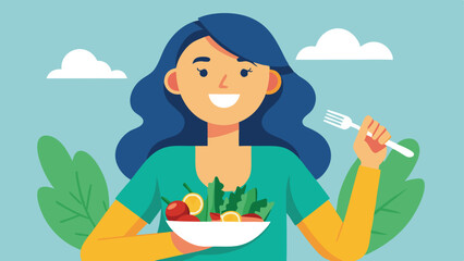 Illustration of Woman with Blue Hair Eating Salad Outdoors with Fork and Clouds