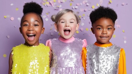 Little girls joyfully celebrating in colorful sequin and tulle dresses against a vibrant backdrop