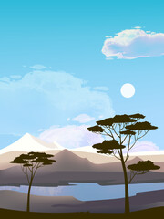Landscape scene with mountain peaks, hill, lake vector illustration background.