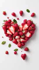 Heart shape created with fresh strawberries and green leaves on a plain background