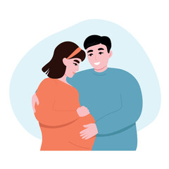 Happy couple expecting a baby. Future parents together. Pregnant woman with belly in profile. Vector flat graphics.