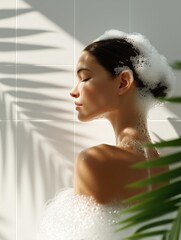 Woman enjoying a serene bubble bath surrounded by lush greenery and soft light