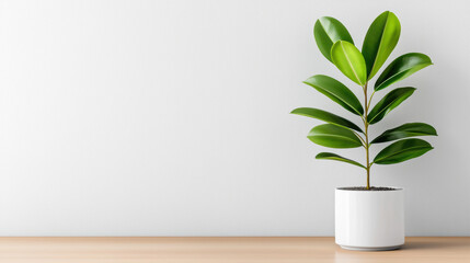 Rubber plant in stylish ceramic pot sits on wooden table against white wall, creating minimalist and calming interior decor scene