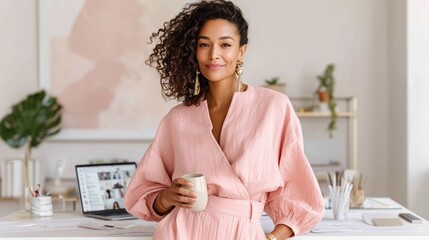 Attractive woman enjoying a beverage while working in a stylish modern workspace